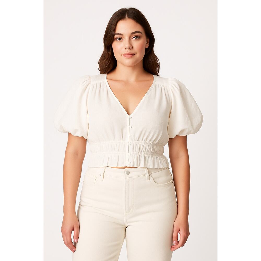 Marc New York White Linen Blend Cropped Ruched Top Balloon Sleeve Blouse Size L